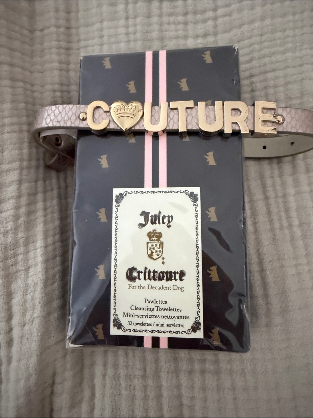 Juicy Couture Dog Collar with Gold COUTURE Accent. Juicy Pawlette Wipes.